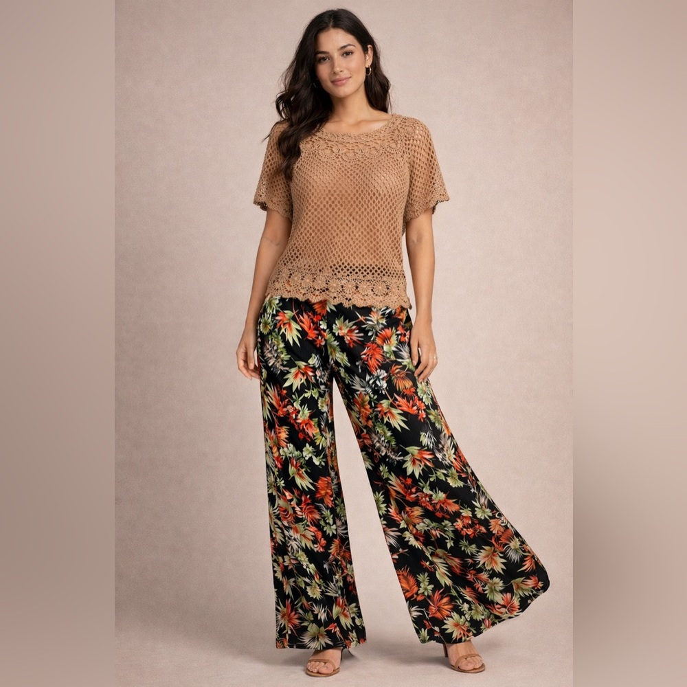 Dina Tropical‎ Floral Flowy Pants Black Wide Leg Size 1